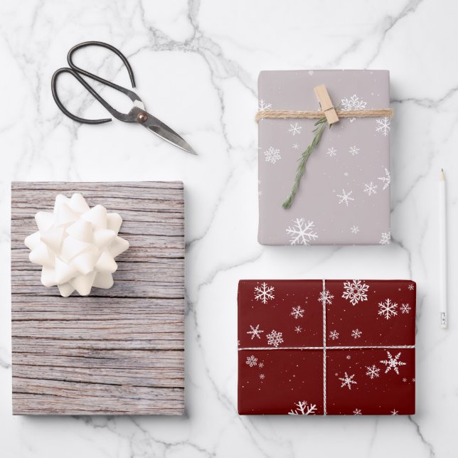 Rustic Wood Beige Red Snowflake Pattern Christmas Wrapping Paper Sheets (Front)