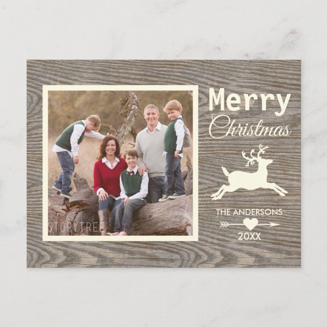 Rustic Wood Beige Reindeer Christmas Family Photo Holiday Postcard (Front)