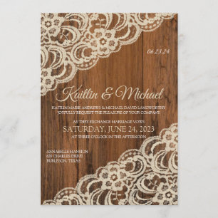 Rustic Wood & Beige / Tan Lace Wedding Invitation