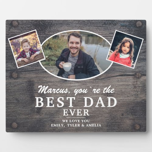 Rustic Wood Best Dad 2 Kids Photo Father`s Day Plaque - Rustic Wood Best Dad 2 Kids Photo Father`s Day plaque. 3 photos in oval and square frames - add 3 photos. The background is rustic dark wood texture. The text is a trendy white typography. You can change any text or erase it. A perfect gift and a sweet keepsake for a dad.