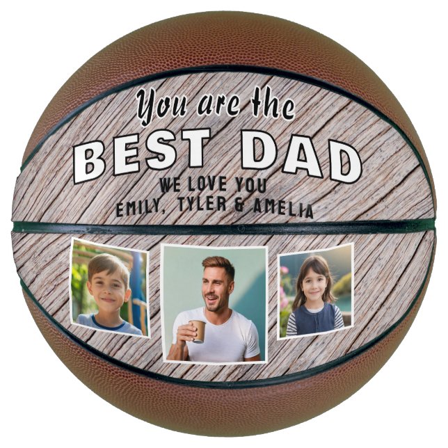 Rustic Wood Best Dad 3 Photo Collage Keepsake Basketball (Front)