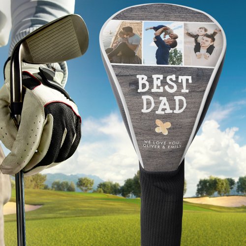Rustic Wood Best Dad 3 Photo Collage Keepsake Golf Head Cover
