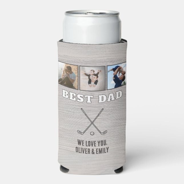 Rustic Wood Best Dad 3 Photo Collage Keepsake Golf Seltzer Can Cooler (Seltzer Front)