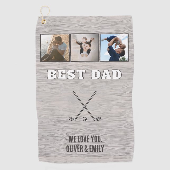 Rustic Wood Best Dad 3 Photo Collage Keepsake Golf Towel (Front)