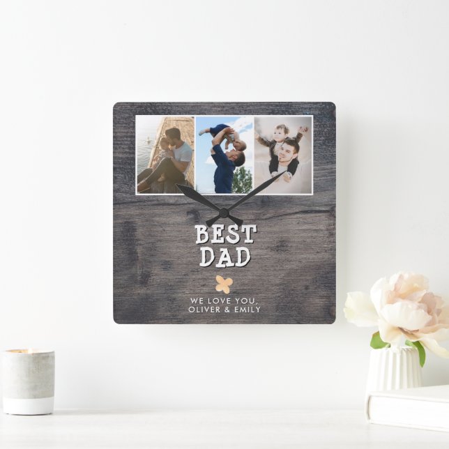Rustic Wood Best Dad 3 Photo Collage Keepsake Square Wall Clock (Home)