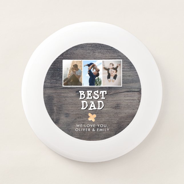 Rustic Wood Best Dad 3 Photo Collage Keepsake Wham-O Frisbee (Front)