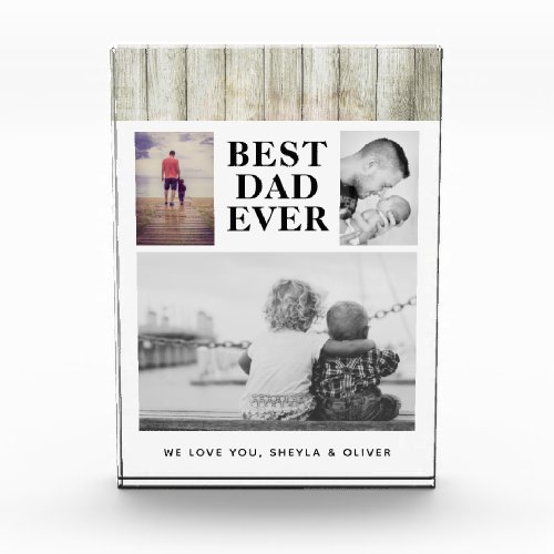  Rustic Wood Best Dad Ever 3  Photo Block - Rustic Wood Best Dad Ever 3 Photo Block. Customizable photo block with 3 photo collage and rustic wood background pattern. Insert 3 of your favorite photos into the templates. Customize the text on the block. The perfect gift for a dad for a birthday or a Christmas gift.