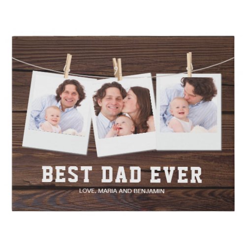 Rustic Wood Best Dad Ever 3 Photo Collage Faux Canvas Print