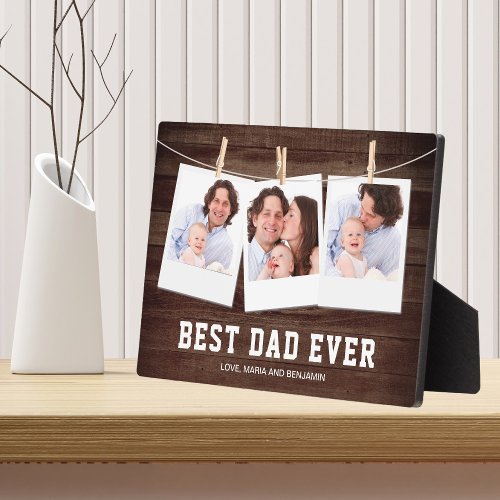 Rustic Wood Best Dad Ever 3 Photo Collage Plaque