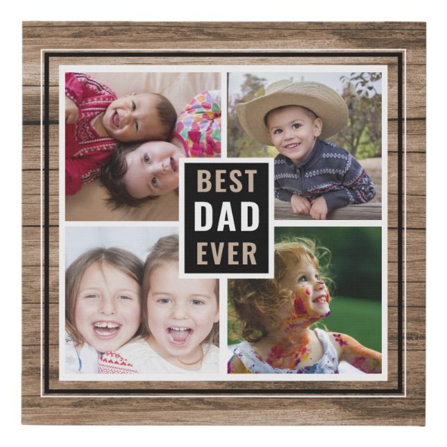 Rustic Wood Best Dad Ever 4 Family Photo Collage Faux Canvas Print (Front)