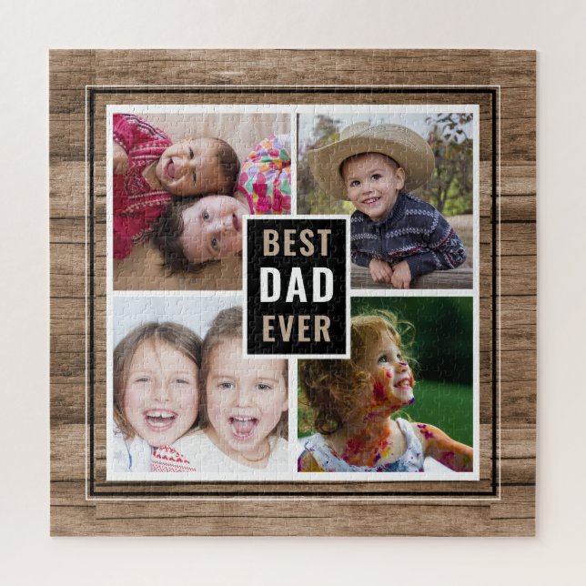 Rustic Wood Best Dad Ever 4 Family Photo Collage Jigsaw Puzzle (Vertical)