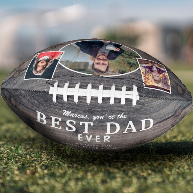 Rustic Wood Best Dad Ever Father 3 Photo Collage Football (Creator Uploaded)