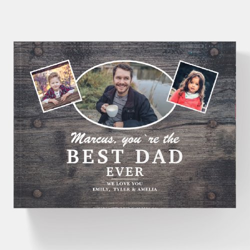 Rustic Wood Best Dad Ever Father`s Day Photo Paperweight - Rustic Wood Best Dad Ever Father`s Day Photo Paperweight. 3 photos in oval and square frames - add 3 photos. The background is rustic dark wood texture. The text is trendy white typography. You can change any text or erase it. A perfect gift and a sweet keepsake for a dad.