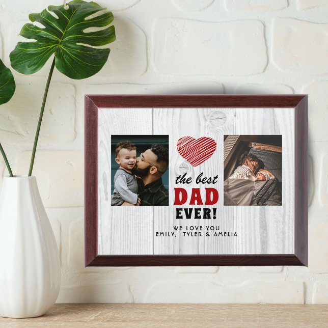 Rustic Wood Best Dad Ever Red Heart 2 Photo Award Plaque (Creator Uploaded)