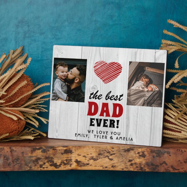 Rustic Wood Best Dad Ever Red Heart 2 Photo Plaque (Side)