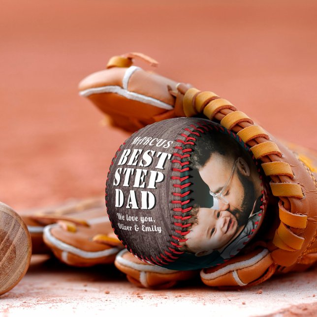 Rustic Wood Best Step Dad 2 Photo Father`s Day Baseball (Creator Uploaded)