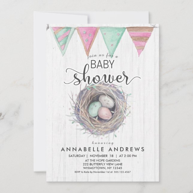 Rustic Wood & Bird Nest Baby Shower Invitation (Front)