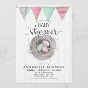 Rustic Wood & Bird Nest Baby Shower Invitation