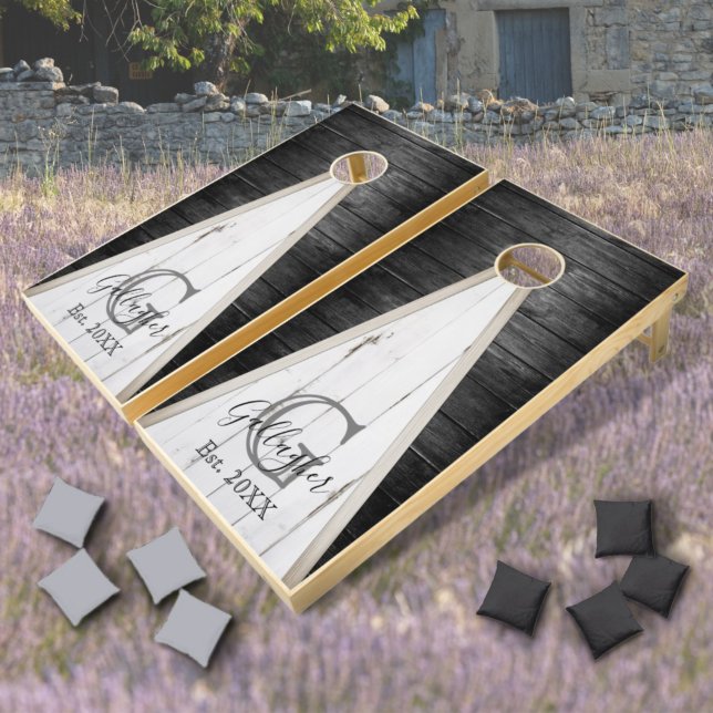 Rustic Wood Black and White Monogram Triangle Cornhole Set (Creator Uploaded)