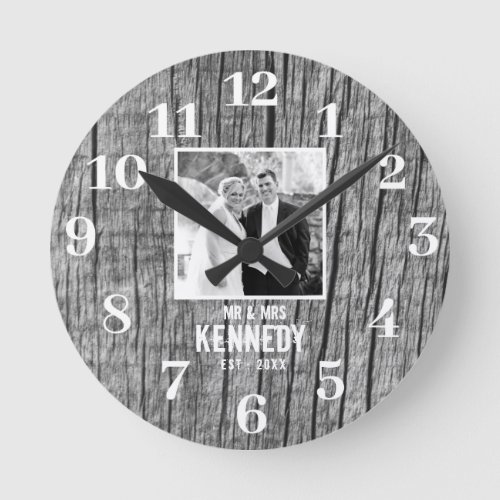 Rustic Wood Black And White Photo Wedding Round Clock