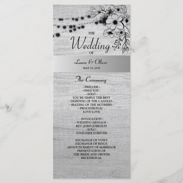 Rustic Wood Black and White Wedding Program (Front)