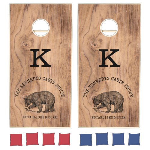 Rustic Wood Black Bear Country Cabin Monogrammed Cornhole Set