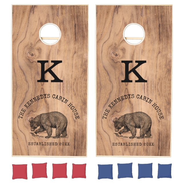Rustic Wood Black Bear Country Cabin Monogrammed Cornhole Set (Set)