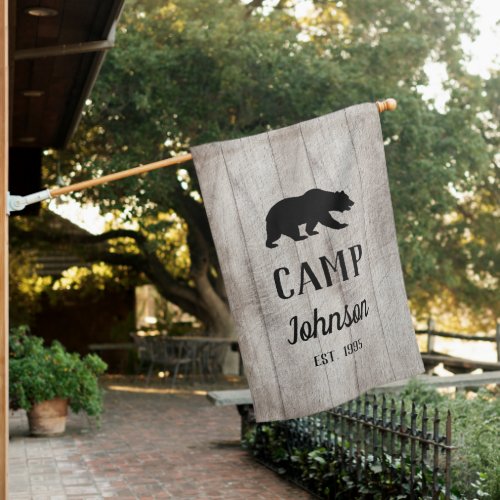 Rustic Wood  Black Bear Family Camp House Flag