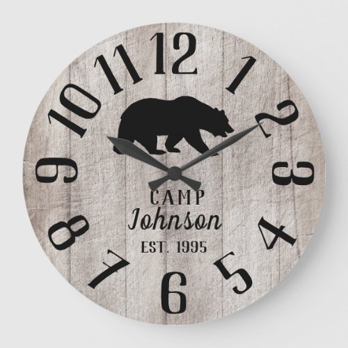 Rustic Wood Black Family Camp Bear Large Clock