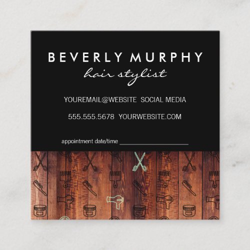 Rustic Wood Black Stylist Tools Pattern Appointment Card