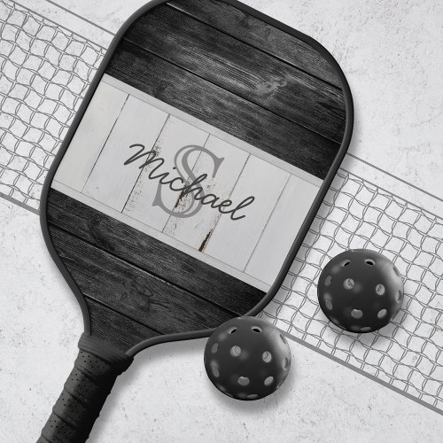 Rustic Wood Black White Monogram Pickleball Paddle