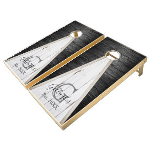 Rustic Wood Black & White Rustic Wood Triangle Cornhole Set
