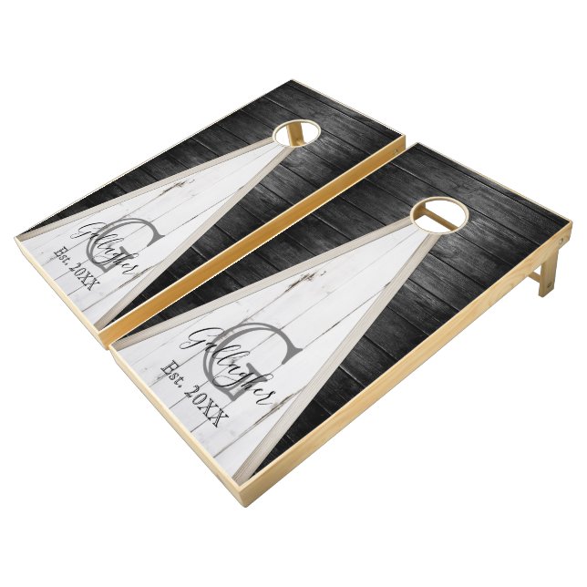 Rustic Wood Black & White Rustic Wood Triangle   Cornhole Set (Angled)