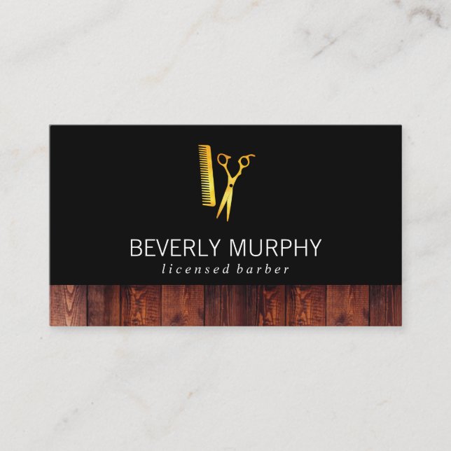 Rustic Wood Black with Golden Shears Comb Business Card (Front)