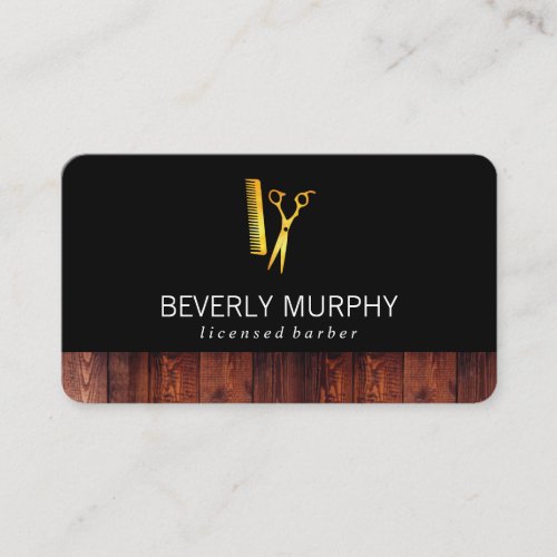 Rustic Wood Black with Golden Shears Comb Business Card