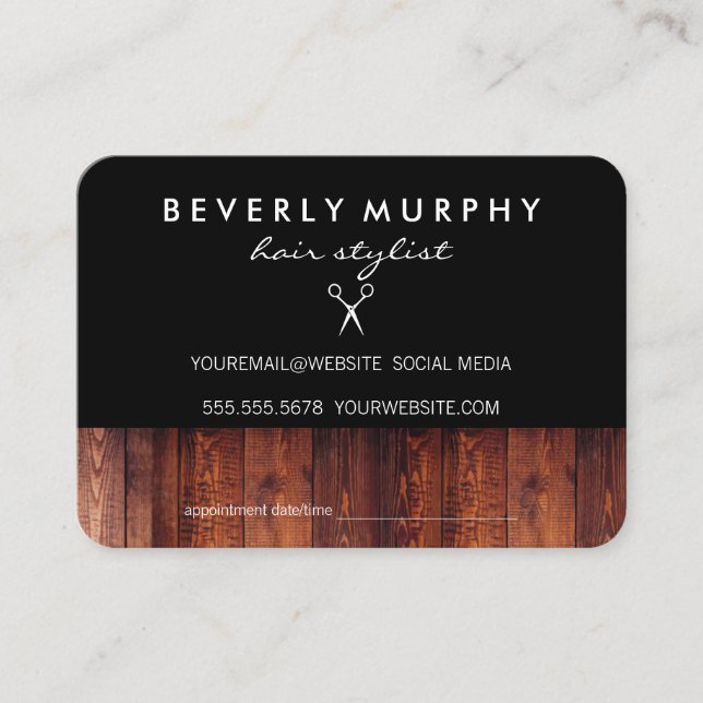 Rustic Wood Black with Shear Logo Appointment Card (Front)