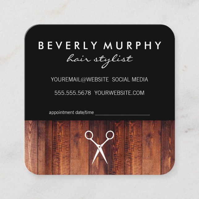 Rustic Wood Black with Shear Logo Appointment Card (Front)