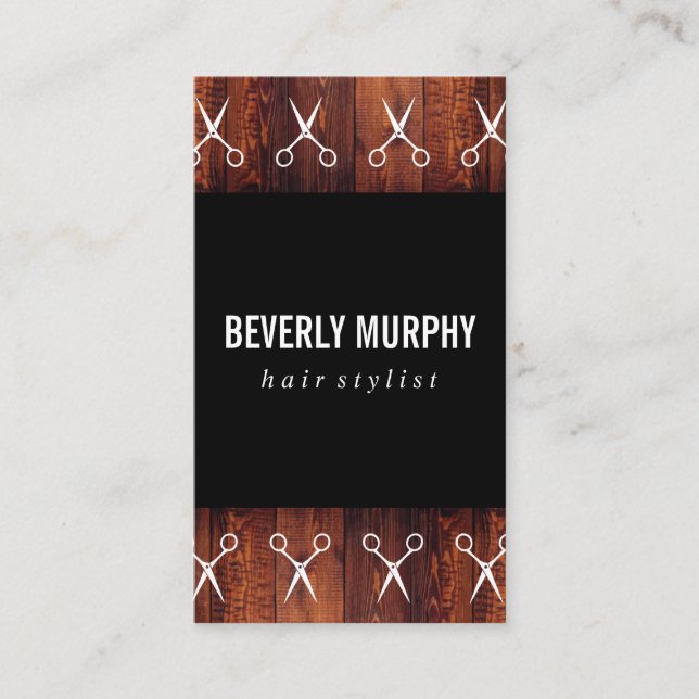 Rustic Wood Black with Shears Pattern Business Card (Front)