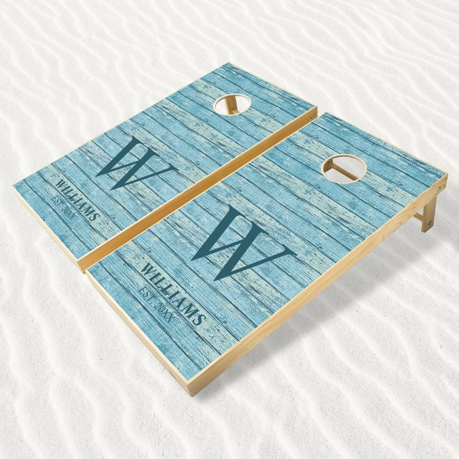 Rustic Wood Blue Beach Vacation Family Name Cornhole Set (Creator Uploaded)