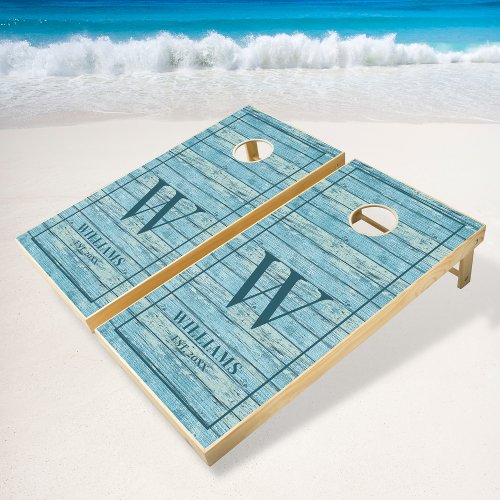 Rustic Wood Blue Beach Vacation Family Name Cornhole Set