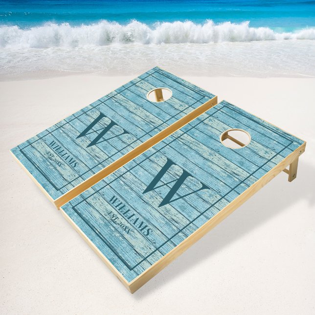 Rustic Wood Blue Beach Vacation Family Name Cornhole Set (Creator Uploaded)