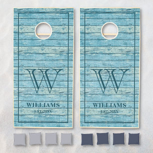 Rustic Wood Blue Beach Vacation Family Name Cornhole Set