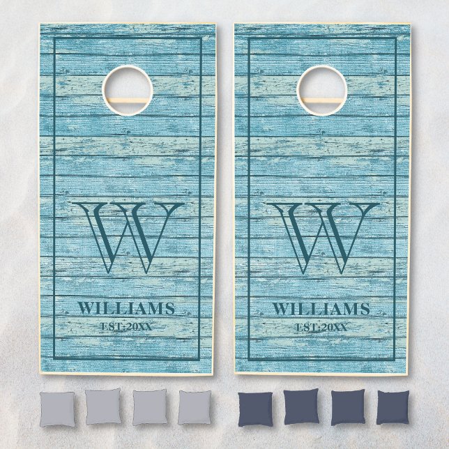 Rustic Wood Blue Beach Vacation Family Name Cornhole Set (Creator Uploaded)