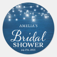Rustic Wood Blue Bridal Shower Mason Jars Lights Classic Round Sticker