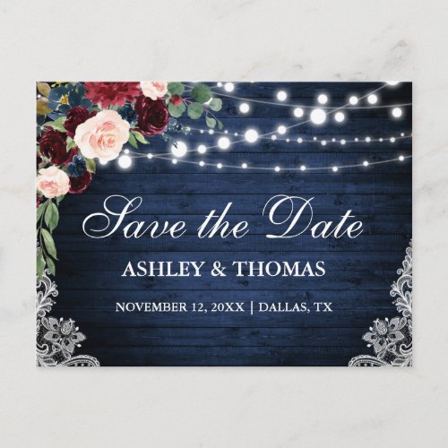 Rustic Wood Blue Burgundy Floral Save the Date Announcement Postcard