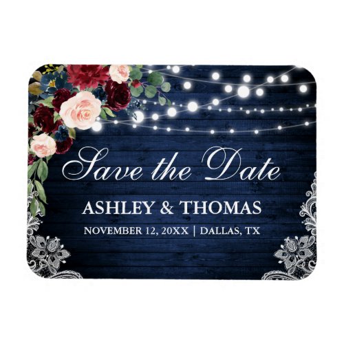 Rustic Wood Blue Burgundy Floral Save the Date Magnet