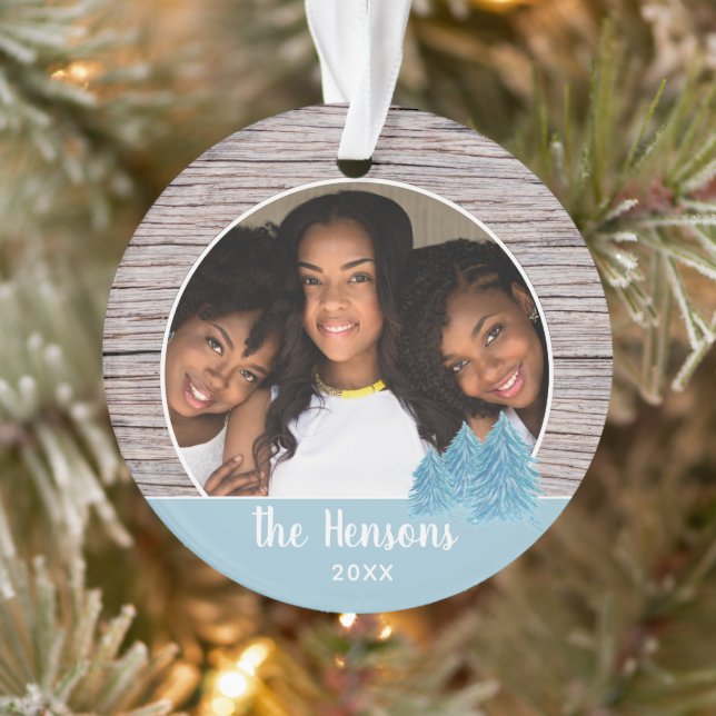 Rustic Wood Blue Christmas Tree Photo Ornament (Tree)