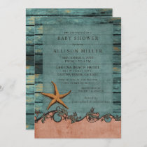 Rustic Wood Blue Coral Starfish Beach Baby Shower Invitation