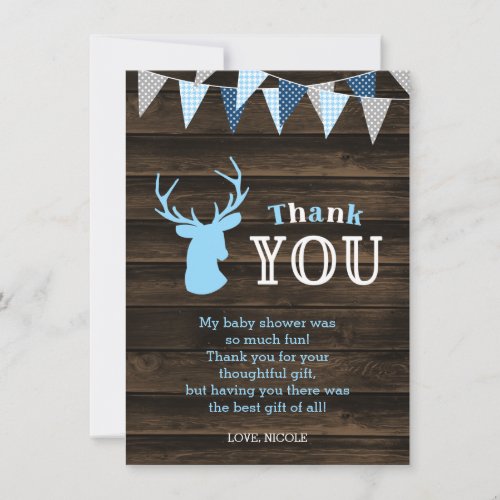 Rustic Wood Blue Deer Baby Shower Thank You Card