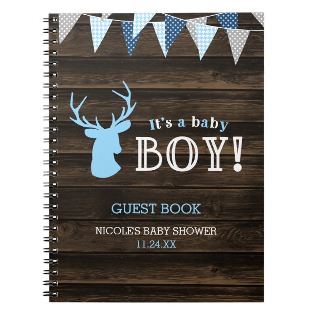 Rustic Wood Blue Deer Boy Baby Shower Guest Book (Front)